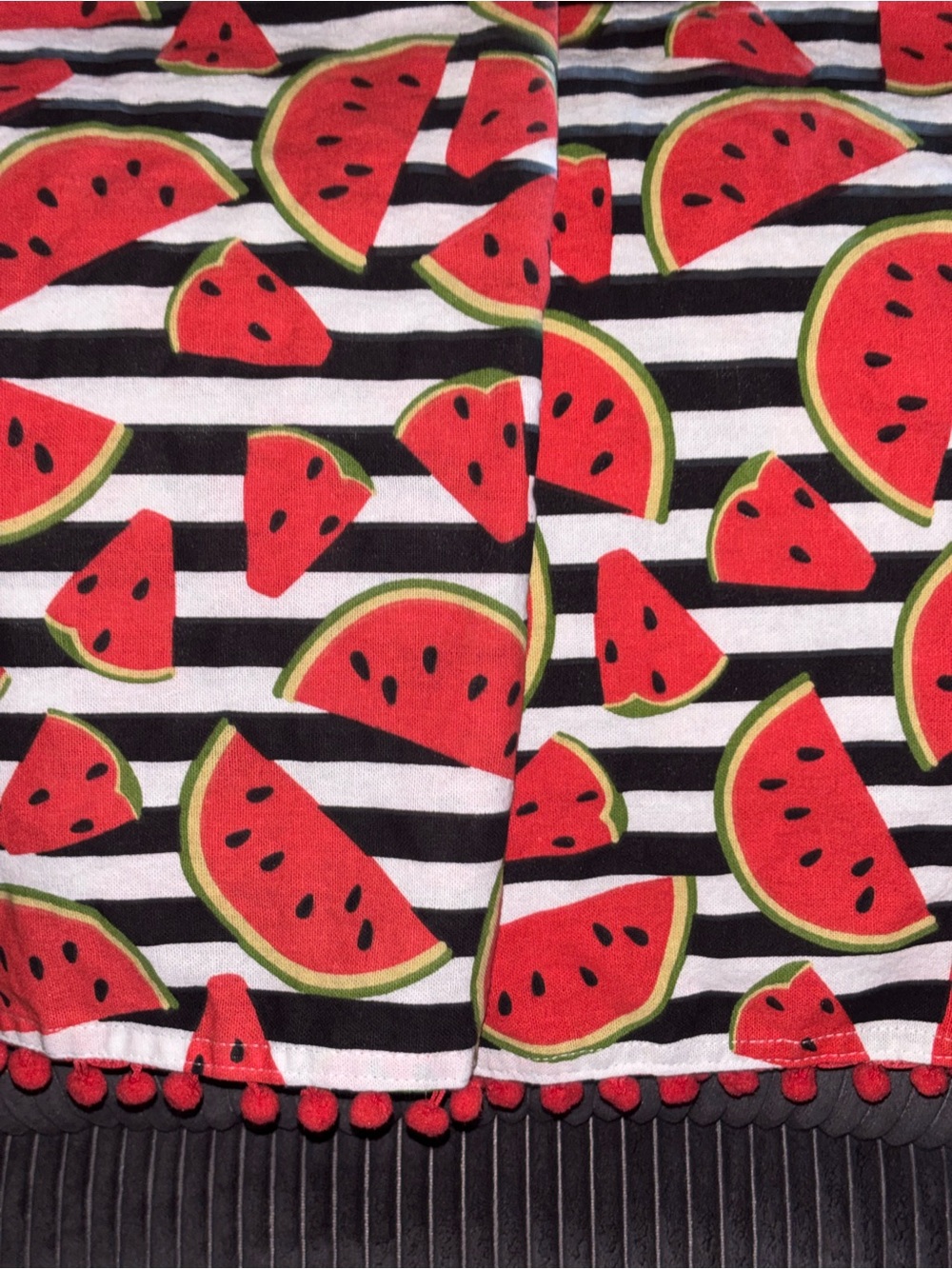 Black & White Striped Watermelon Print Kitchen Towels with Red Pom Trim